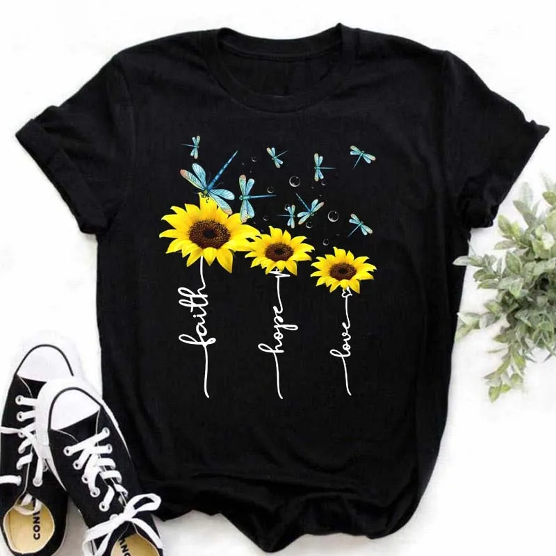 Maycaur-Women-s-T-shirt-Casual-Kawaii-Sunflower-Butterfly-Pattern-Print-Tshirt-Comfortable-Casual-Women-s-2