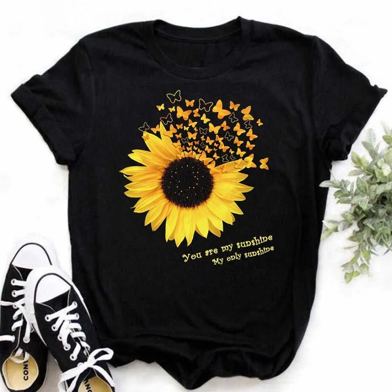 Maycaur-Women-s-T-shirt-Casual-Kawaii-Sunflower-Butterfly-Pattern-Print-Tshirt-Comfortable-Casual-Women-s