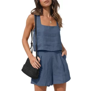 Two-Piece Linen Sleeveless Top Short Set - Image 9