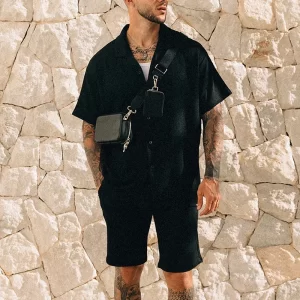 Two-Piece Short Sleeve  Solid Color Beach Style Shorts Sets - Image 3