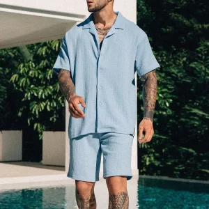 Two-Piece Short Sleeve  Solid Color Beach Style Shorts Sets