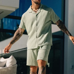 Two-Piece Short Sleeve  Solid Color Beach Style Shorts Sets - Image 5