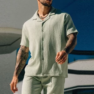 Two-Piece Short Sleeve  Solid Color Beach Style Shorts Sets - Image 6