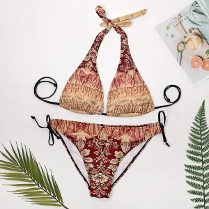 Top Brand Designer Deep Red Egyptian Floral Halter Bikini Swimsuit - Image 8