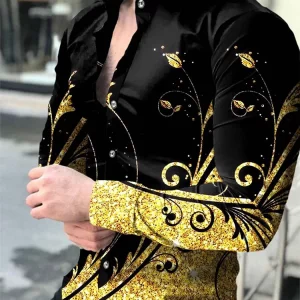 Top Luxury Liquid Gold Pattern Button Down Long Sleeved Shirts - Image 5